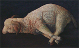 A painting of a sheep with a clock on its back.