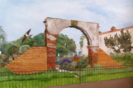 A painting of an old brick arch with birds flying over it.