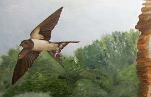 A painting of a bird flying over trees.