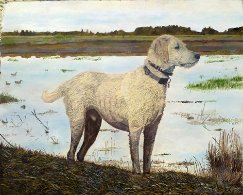 A painting of a dog standing in front of water.