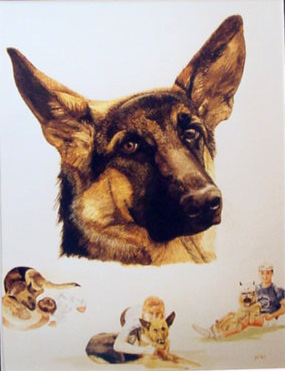 A painting of a dog with its head turned to the left.