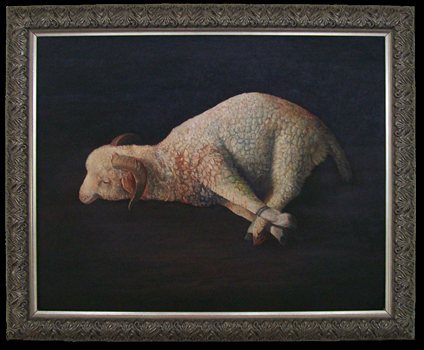 A painting of a sheep laying down in the dark.